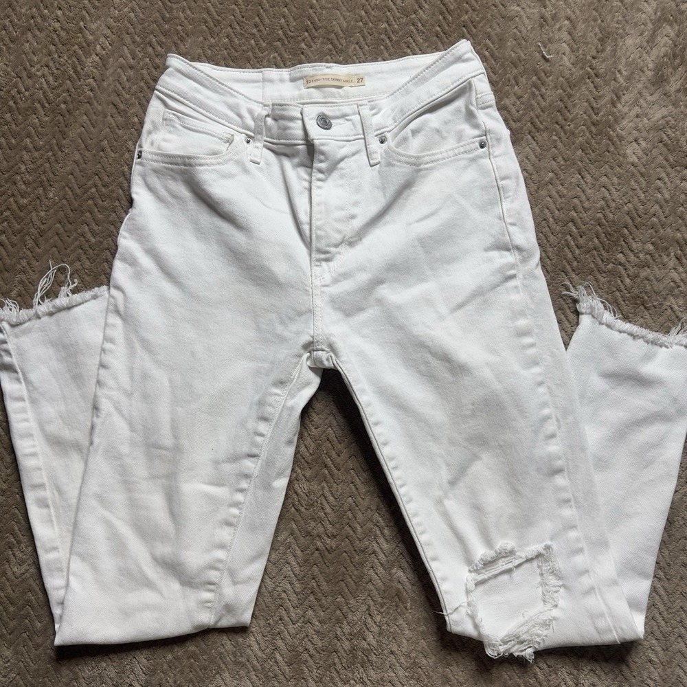 Levis 721 High Rise Skinny Ankle Jeans Womens 27 White Stretch Raw Hem